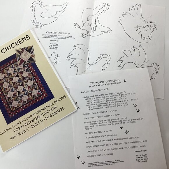 Redwork Chickens Foundation Paper Piecing Quilt Pattern Quilting Pieced Blocks - Picture 4 of 8